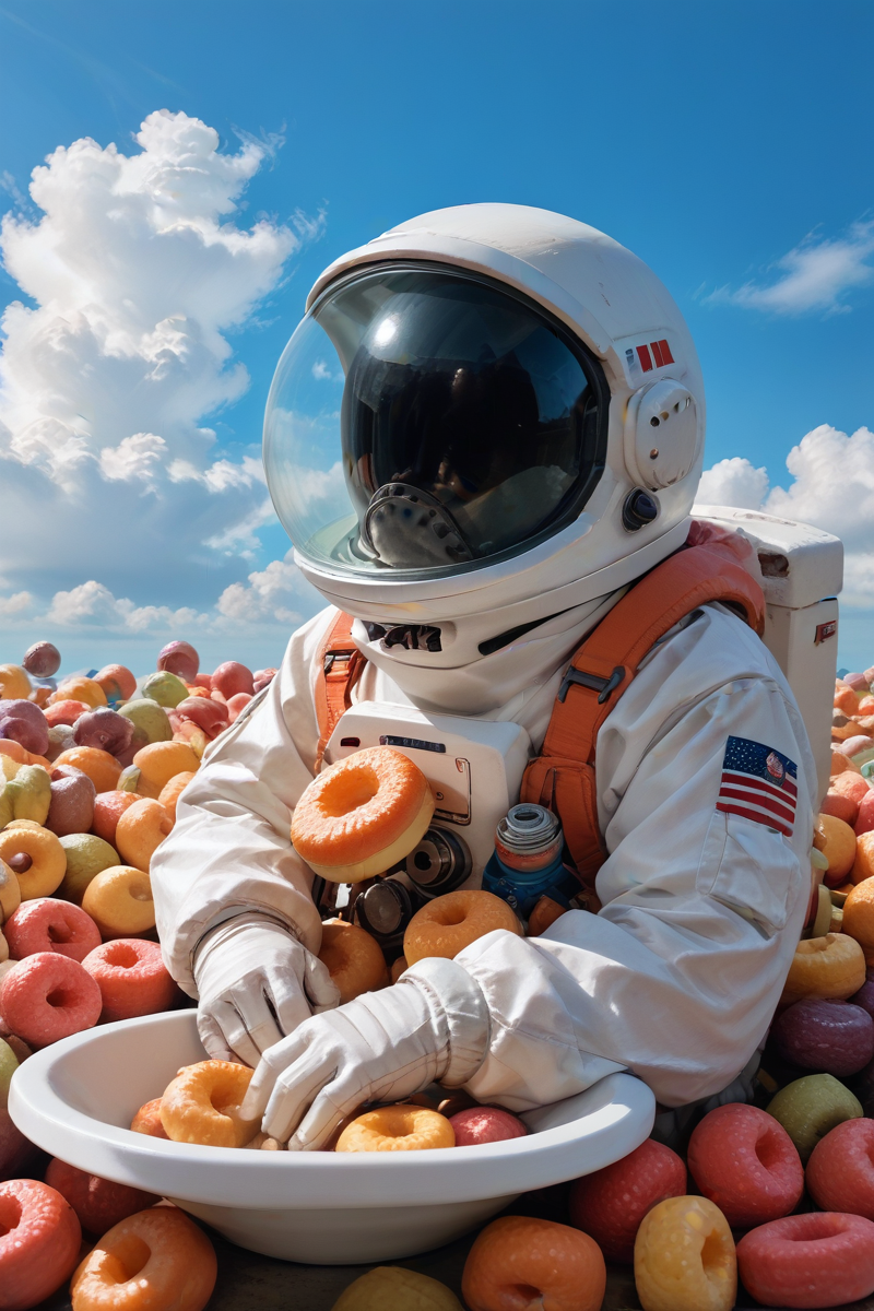 milk background,
cloud sky,
miniature photography,no face,
mini astronaut sitting on food,cowboy shot, 
score_9, score_8_up, score_7_up, score_6_up,  
<lora:swimming_in_cereal:0.8>hud_cere4l_sw1m,
<lora:sdxl_lightning_8step_lora:1> ,dof,