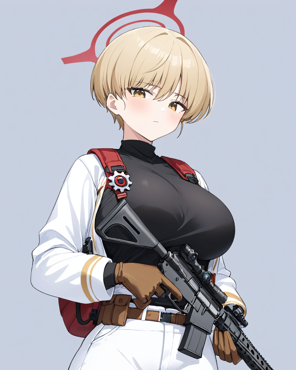 marina \(blue archive\),1girl, solo, two-tone_jacket, white_background, white_jacket, looking_at_viewer, closed_mouth, halo, black_shirt, simple_background, long_sleeves, blush, brown_gloves, open_jacket, harness, holding_gun, large_breasts, assault_rifle, eyeshadow, white_pants, pouch, belt
<lora:marina_(blue_archive)_image369_2023-11-28-000020:1>halo. gorgeous,key visual, vibrant, studio anime,award-winning, professional, highly detailed,high budget, cinemascope