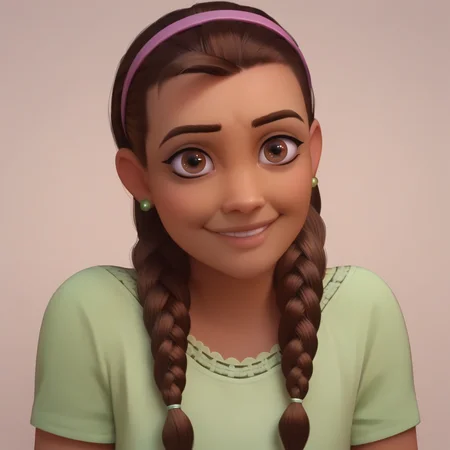 score_9, score_8_up, score_7_up, score_6_up, score_5_up, score_4_up, simple background, realistic, <lora:Alejandra_Overwatch:0.9> , alejow, twin braids, brown hair, green shirt, short sleeves, dark-skinned female, brown eyes, looking at viewer, smile, head tilt, eyeliner, headband,