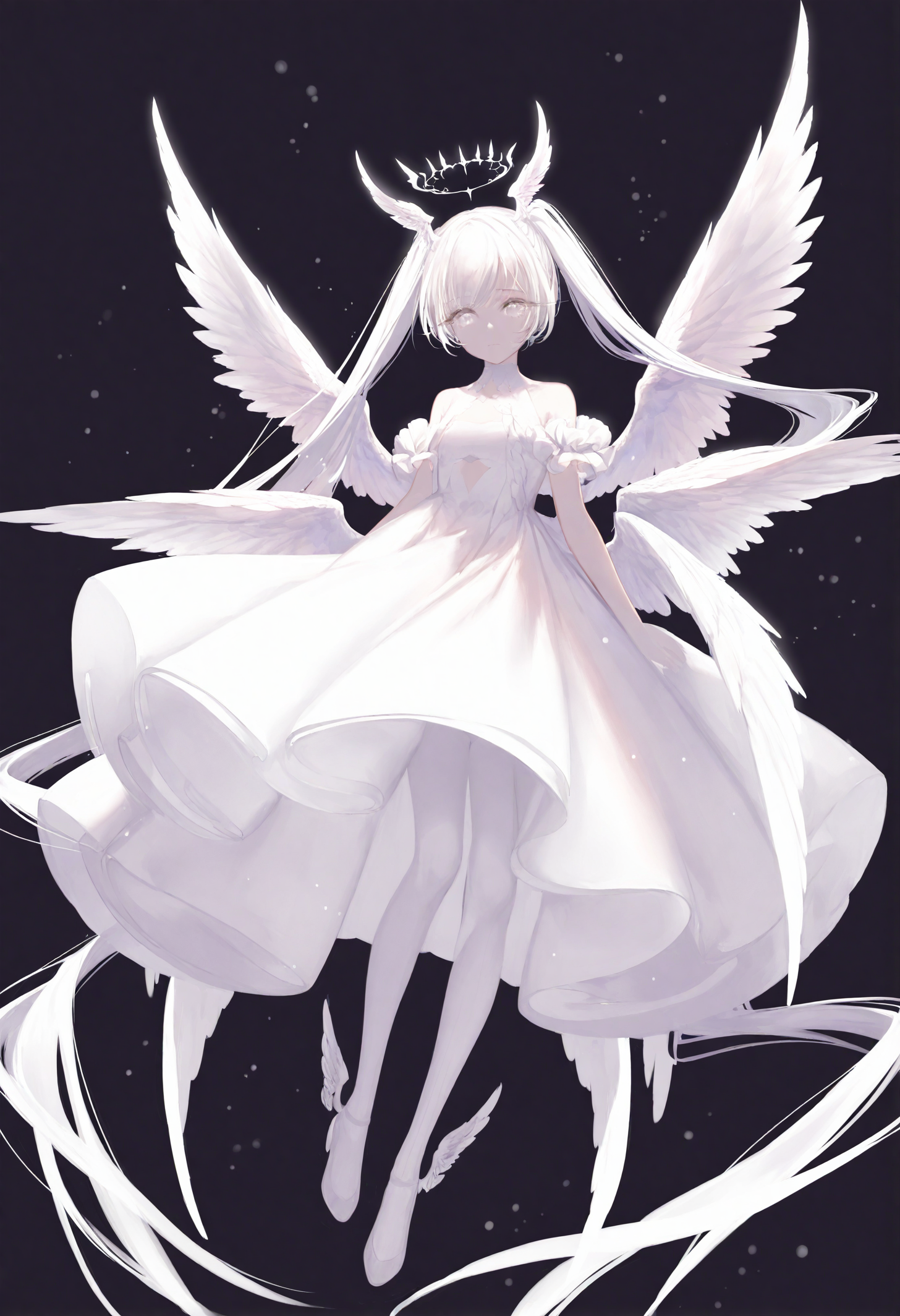 <lora:myc1_noob1.1-000189:1>,
1girl, wings, solo, twintails, dress, white hair, white dress, long hair, very long hair, white theme, black background, multiple wings, pantyhose, white wings, halo, full body, floating, looking at viewer, head wings, white pantyhose, hair wings, angel wings, feathered wings, light particles, angel, bare shoulders, low wings, white eyes, wing hair ornament, closed mouth,
masterpiece,best quality,newest,absurdres,highres,very awa,