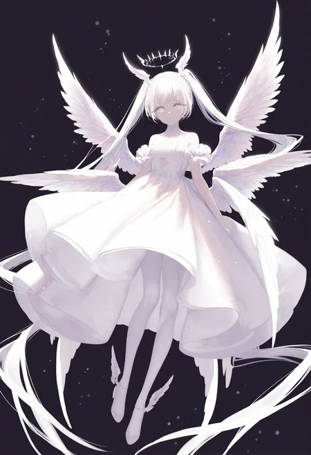 <lora:myc1_noob1.1-000189:1>,
1girl, wings, solo, twintails, dress, white hair, white dress, long hair, very long hair, white theme, black background, multiple wings, pantyhose, white wings, halo, full body, floating, looking at viewer, head wings, white pantyhose, hair wings, angel wings, feathered wings, light particles, angel, bare shoulders, low wings, white eyes, wing hair ornament, closed mouth,
masterpiece,best quality,newest,absurdres,highres,very awa,