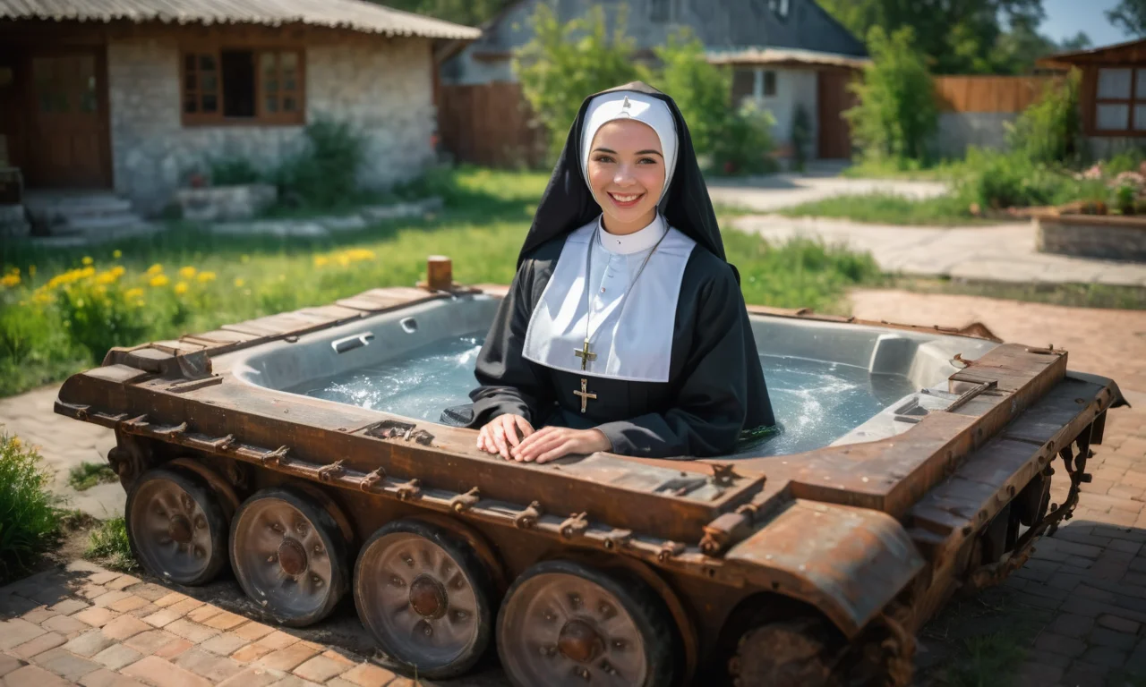 a 50s photo of a beautiful nun sitting in a (miniature) (vtnktnk:1.9) tank being used as a square hot tub, wheels, wide angle, vehicle focus, film, (grainy), perfect face, blurred background <lora:vtnktnk_SDXL_v1_32-000015:1.0>