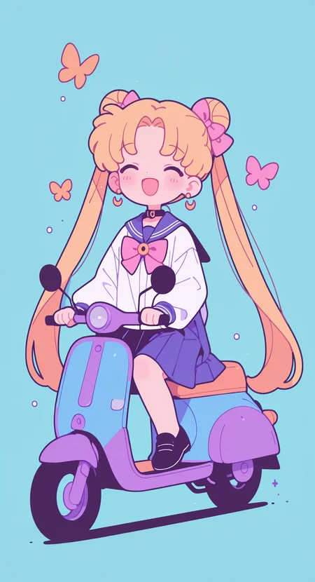 masterpiece, best quality, good quality, newest, highres, absurdres,
tsukino usagi, 1girl, solo, long hair, blush, smile, open mouth, blonde hair, bow, jewelry, very long hair, twintails, school uniform, full body, closed eyes, :d, hair bow, earrings, shoes, sailor collar, black footwear, hair bun, chibi, double bun, ^ ^, blue background, happy, pink bow, blue sailor collar, facing viewer, butterfly, motor vehicle, riding, aqua background, scooter, on scooter, Flatline, Flat vector illustration <lora:illustriousXL_stabilizer_v1.23:0.3> <lora:NOOB_vp1_detailer_by_volnovik_v1:0.3> <lora:ponyv6_noobE11_2_adamW-000017:0.3> <lora:XXX667:0.7> <lora:checkpoint-e18_s306:2>