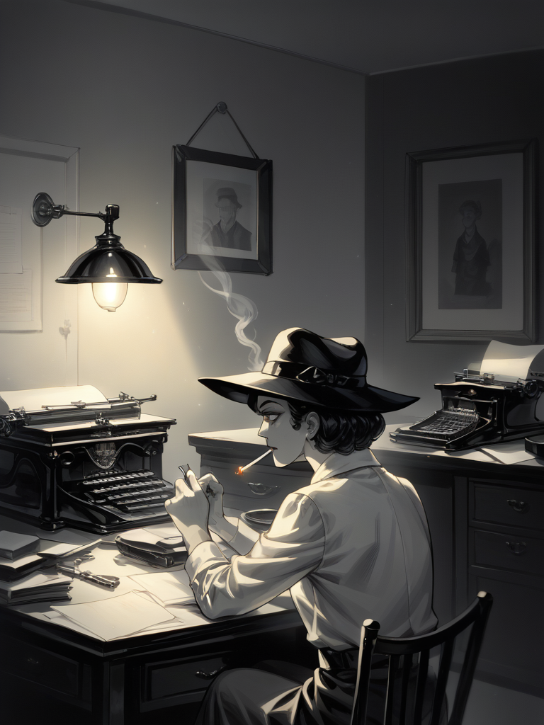 score_9, score_8_up, score_7_up, source_anime, BREAK

1boy, A detective, sitting, desk, typing, typewriter, Hat. Mood Lighting, Monochrome, Smoky, Desk Lamp, BREAK

1girl, attractive woman, standing, holding, cigarette, smoking, talking, Smoke