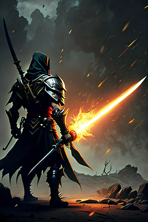 sword:1, sword hold,soul-like game,1man,misty,blood,war,dark sky,wide field,many dead body,fighting,mid age