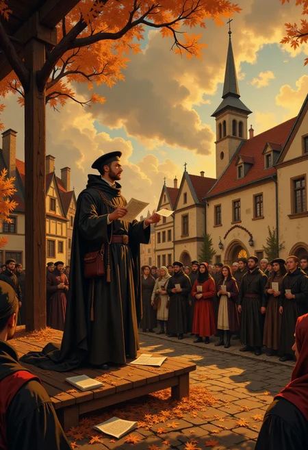 A Protestant reformer in dark clerical robes with a wool mantle stands on a wooden platform in the town square of Wittenberg, Electorate of Saxony. He holds out printed pamphlets with Martin Luther’s teachings, addressing a crowd gathered around him. The people—townsfolk, merchants, farmers, and students—listen intently, some reaching for pamphlets. It is a late autumn Sunday afternoon; golden sunlight filters through the clouds, casting long shadows and illuminating the swirling fallen leaves across the cobbled square. In the background, medieval buildings and a church tower rise under a moody, overcast sky. Detailed illustration. c0mix2