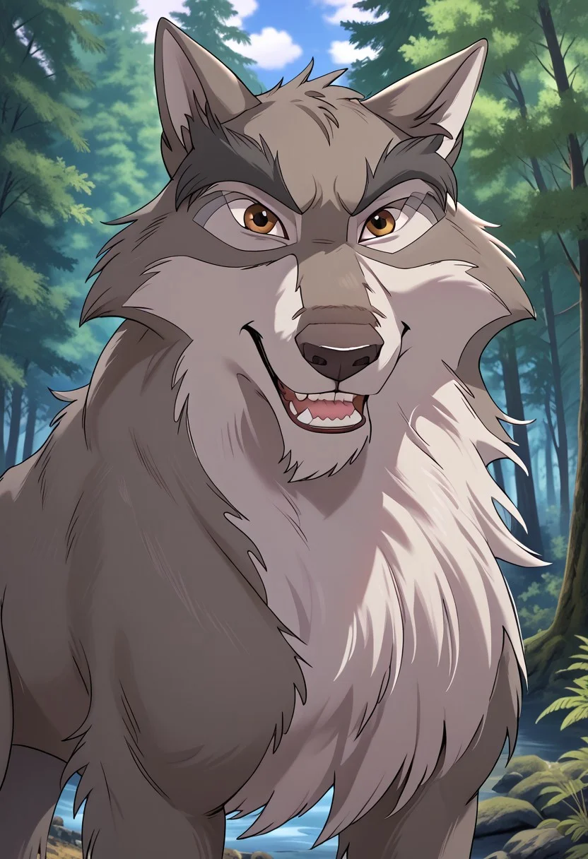 Nava, wolf, feral, male, solo, hi res, eyes focus, handsome, smiling, teeth, forest, sunny, forest background, detailed background, hi res, detailed eyes, eyes focus, big iris, 4k perfect eyes, perfect face, 5fingers, best artwork, highly detailed ultra quality