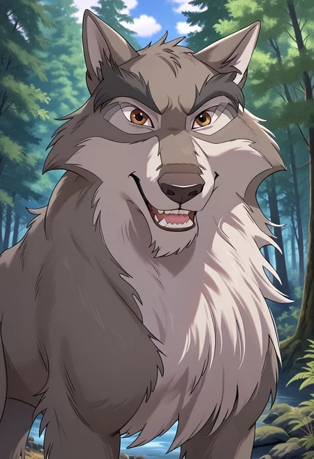 Nava, wolf, feral, male, solo, hi res, eyes focus, handsome, smiling, teeth, forest, sunny, forest background, detailed background, hi res, detailed eyes, eyes focus, big iris, 4k perfect eyes, perfect face, 5fingers, best artwork, highly detailed ultra quality