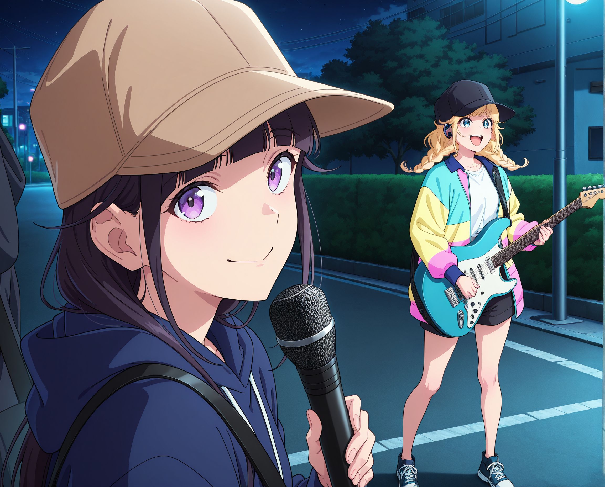 masterpiece,best quality,amazing quality,very aesthetic,absurdres,newest, huge filesize, 
<lora:spo_sdxl_10ep_4k-data_lora_webui:0.5>,anime screenshot, 2d anime,anime coloring, 
<lora:add-detail-xl:1>   paripi koumei, official art, 
2girls,  cooperative singing,holding Guitar,  night,street, 
crowded:1.4. shibuya,listening to music, music,
BREAK
<lora:Paripi_Koumei_V1:1>
Paripi_KoumeiV1,
Paripi_KoumeiV1,
1girl,
solo,smile,
long hair,looking at viewer,
black hair,hood,
hoodie,hat,bangs,purple eyes,
closed mouth,blunt bangs,
portrait,hood down,brown headwear,
p_kuon,
BREAK
Paripi_KoumeiV1,
1girl,hat,
twin braids,baseball cap,
shorts,braid,
blue eyes,blonde hair,
jacket,smile,
black shorts,multicolored jacket,
black headwear,
open mouth,shirt,
long hair,
white shirt,shoes,p_eiko,