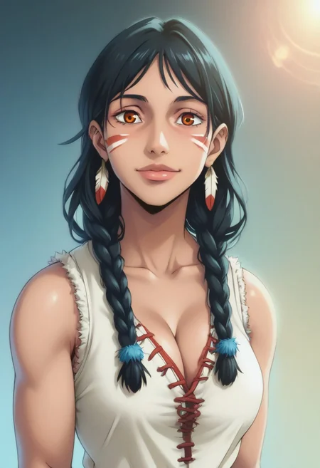 score_9, score_8_up, score_7_up, source_anime, intricate details, anime screencap, perfect balance, official art, extremely detailed CG unity 8k wallpaper, perfect lighting, Colorful, Warm_Front_face_Lighting, (masterpiece:1.0),(best_quality:1.0), ultra high res,4K,ultra-detailed, photography, 8K, HDR, highres, absurdres:1.2, Kodak portra 400, blurry background, bokeh, lens flare, (Anime) (vibrant_color:1.2), professional photograph, night, (cute_face:1.2), 2d, anime, upper body, intricate iris, American, Professional character design, 1girl, female focus, (Orange eyes), perfect eyes, (black-hair), Native American, Indigenous, American Indian, youthful, solo, jujutsu_kaisen_style, character portrait, (perfect-lighting), face, young, (Dark-black-hair), Long hair, (Native American), Indigenous, American Indian, (((wild eyes))), (Native North American), (Upturned eyes), (high cheekbones), (strong jawline), (Black Hair), ((((Native-American-Eagle-feather-braids, Native American Eagle feather accessories)))), (((wild eyes))) ((Bobbed Bangs)) (((Slanted-Eyes))) (Psycho) (Happy) (Inuit Clothing), (Sleeveless Parka) (Warpaint), (Redwood Forest, Pacific Northwest Forests), (Inuit), (Tan skin), (Dark Skin), (Brown skin), (bobbed hair), White Eagle-Feather-Earrings, Thick Bangs, Bobbed hair, Bob-cut, White-Feather-Earrings, Brown-skin, Inuit Face-paint, Full-Bangs, Wide-Bangs, Thick-Hair, Native Face-paint, cleavage, Psycho, Yandere, big irises, Big eyes, (Sleeveless Parka, Fur-trim)
