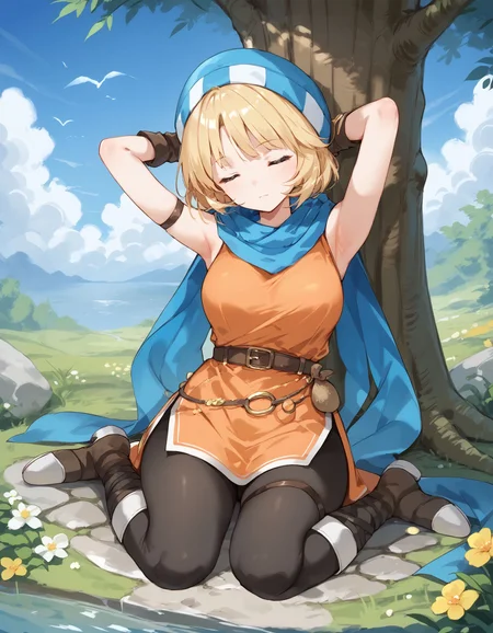 score_9, score_8_up, score_7_up, score_6_up, BREAK source_anime, best quality, masterpiece,
1girl,<lora:patty fehPonyXL:0.8>,patty feh,hat,scarf,armband,fingerless gloves,orange dress,belt,belt pouch,pantyhose,thigh strap,boots,full body,sitting,closed eyes,closed mouth,head tilt,arms behind head,looking at viewer,grass,blue sky,against tree,