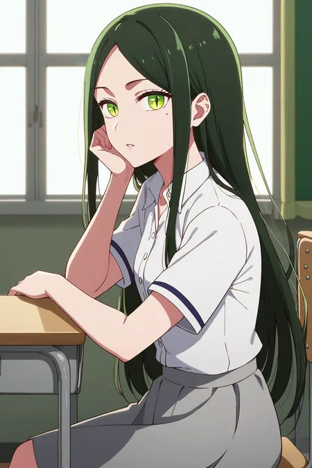 score_9, score_8_up, score_7_up, source_anime, 1girl, prefect lighting, very aesthetic, intricate details, highly detailed background, masterpiece, high quality, prefect hands, best quality, solo,
<lora:Frill_Shiranui_Oshi_no_ko_V1:.85>, KJOfrill, green hair, green eyes, slit pupils, mole under eye, mole under eye, long hair, parted bangs,
school uniform, short sleeves, collared shirt, grey skirt,
from side, sitting, head rest, expressionless, parted lips, looking at viewer,
cowboy shot, dutch angle,
classroom, morning,
(Beautiful, small Breasts:1.2), natural breasts,