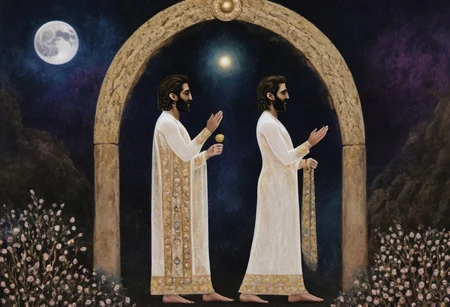 moon cycle arches above Cyrus the great in a long white dress meets with Zartosht, gold scrollwork, novuschroma style