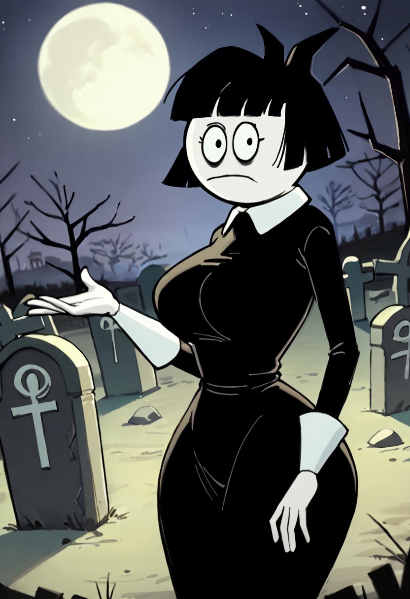 score_9, score_8_up, score_7_up BREAK CrepSus, 1girl, black hair, black bob cut, blunt bangs, black eyes, pale skin, white-collared long black dress, long white cuffs, staring at viewer, curvy, busty, big breasts, tiny waist, big hips, night graveyard, nightly cemetery,