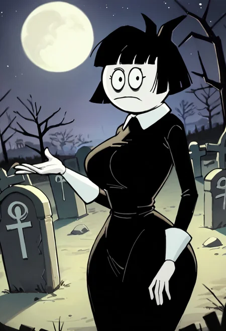 score_9, score_8_up, score_7_up BREAK CrepSus, 1girl, black hair, black bob cut, blunt bangs, black eyes, pale skin, white-collared long black dress, long white cuffs, staring at viewer, curvy, busty, big breasts, tiny waist, big hips, night graveyard, nightly cemetery,
