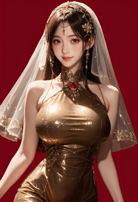 1girl,red background,,ruanyi1009,sleeveless dress,jewelry,gem,hair ornament,cowboy shot,skin tight,veil,gold dress,<lora:1009 performance clothes_v1_pony:1>, score_9, score_8_up, score_7_up, score_6_up, score_9, score_8_up, score_7_up, score_6_up source_anime, blush, 1girl, seduce smile, perfect body , natural huge breasts