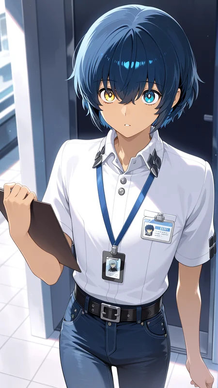 Masterpiece, best quality, newest, solo, 1boy, male focus, <lora:IlluWill:0.8> illuwilla, blue hair, blue eyes, yellow eyes, heterochromia, hair between eyes, jeans, white collared shirt, short sleeves, id card, belt, holding clipboard,