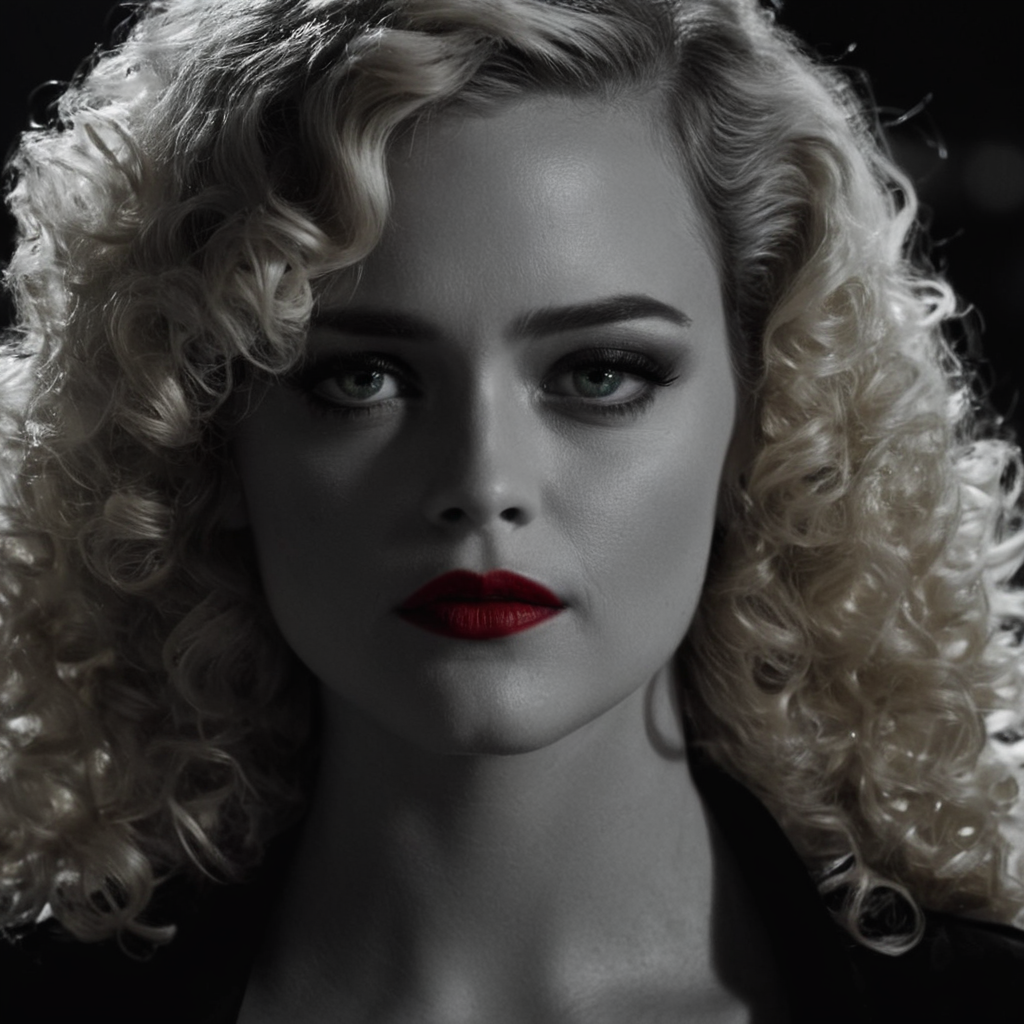 cinematic film still of  <lora:sin city style v2:1>
In Sin City universe Goldie a woman with blonde hair and a black top sin city style,1girl,solo,long hair,looking at viewer,blonde hair,blurry,black eyes,makeup,lipstick,portrait,curly hair,realistic,red lips,black lips,Frank Miller's Sin City,dark theme,cinematic film,comic book series,graphic novel,Neo-noir,high contrasts,sin city style,closeup , film noir, low key light, dim light, low light, dramatic light, film grain, shallow depth of field, vignette, highly detailed, high budget, bokeh, cinemascope, moody, epic, gorgeous, film grain, grainy