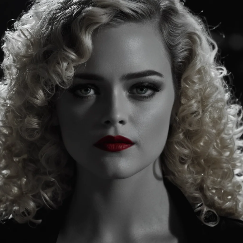 cinematic film still of <lora:sin city style v2:1>
In Sin City universe Goldie a woman with blonde hair and a black top sin city style,1girl,solo,long hair,looking at viewer,blonde hair,blurry,black eyes,makeup,lipstick,portrait,curly hair,realistic,red lips,black lips,Frank Miller's Sin City,dark theme,cinematic film,comic book series,graphic novel,Neo-noir,high contrasts,sin city style,closeup , film noir, low key light, dim light, low light, dramatic light, film grain, shallow depth of field, vignette, highly detailed, high budget, bokeh, cinemascope, moody, epic, gorgeous, film grain, grainy