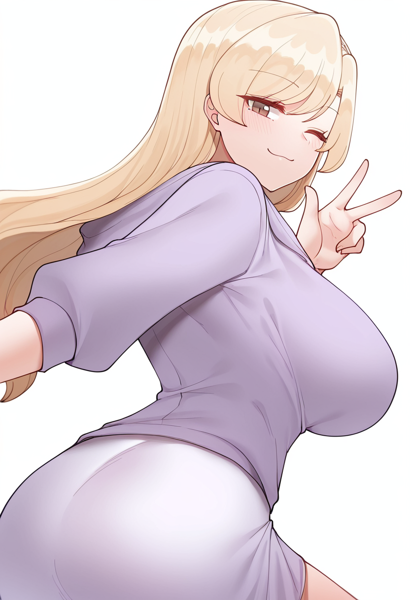 Smooth Quality,masterpiece,very intricate, high quality details, ultra realistic, high detailed skin,detailed enviorement,absurdres,
simple background, white background, dancing,skindentation, solo,from behind,w,
 <lora:Yejin_Lim_CNR:0.8> yejin_cnr, 1girl, blonde hair, long hair, bangs, brown eyes, mole on breast, large breasts,shirt, ,hoodie, ,mermaid skirt,  ,, grimace,, ;3,