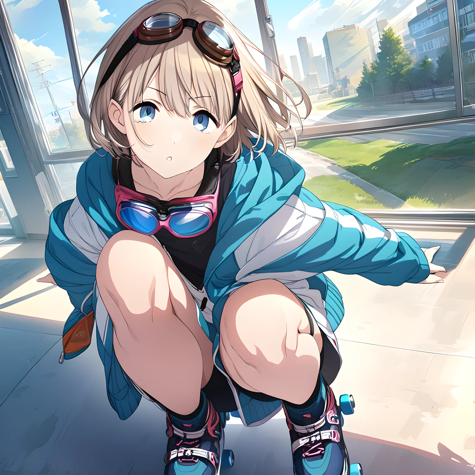 (masterpiece),(best quality),(ultra-detailed),(best illustration),(best shadow),(absurdres),(detailed background),(very aesthetic),asahi serizawa, solo, 1girl, roller skates, goggles, jacket, skates, blue eyes, window, goggles around neck, short hair<lora:asahiserizawa:1>