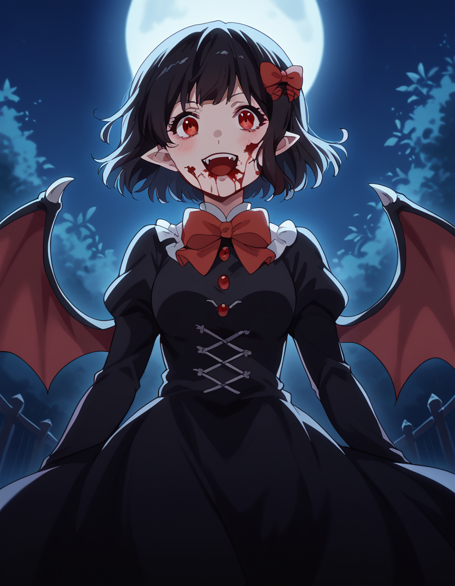score_9, score_8_up, score_7_up, source_anime, <lora:kanade-hisaishi-movie-ponyxl-lora-nochekaiser:1>, kanade hisaishi, short hair, bangs, black hair, red eyes, bow, hair bow, red bow, medium breasts,, <lora:vampire-ponyxl-lora-nochekaiser:1>, vampire, red eyes, pointy ears, fangs, black dress, wings, blood, blood on face, blood on mouth, bat (animal), halloween, halloween costume, upper teeth only, night, moon, blush, smile, open mouth, , dutch angle, cowboy shot