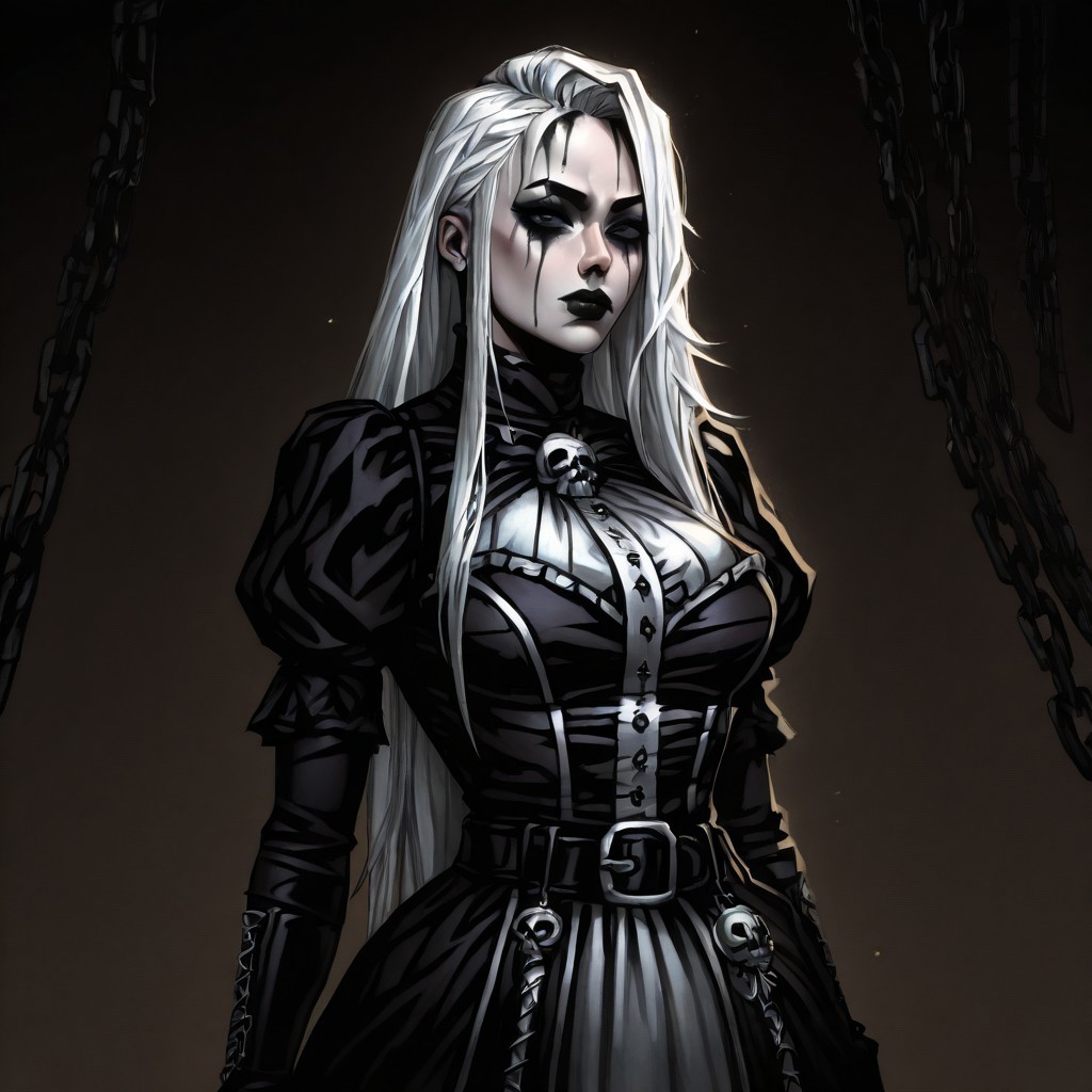 masterpiece, best quality, high resolution, absurdres, DD2Style-IL.V1.0, 1girl, goth girl, gothic, makeup, runny makeup, white hair, long hair, shaded eyes,