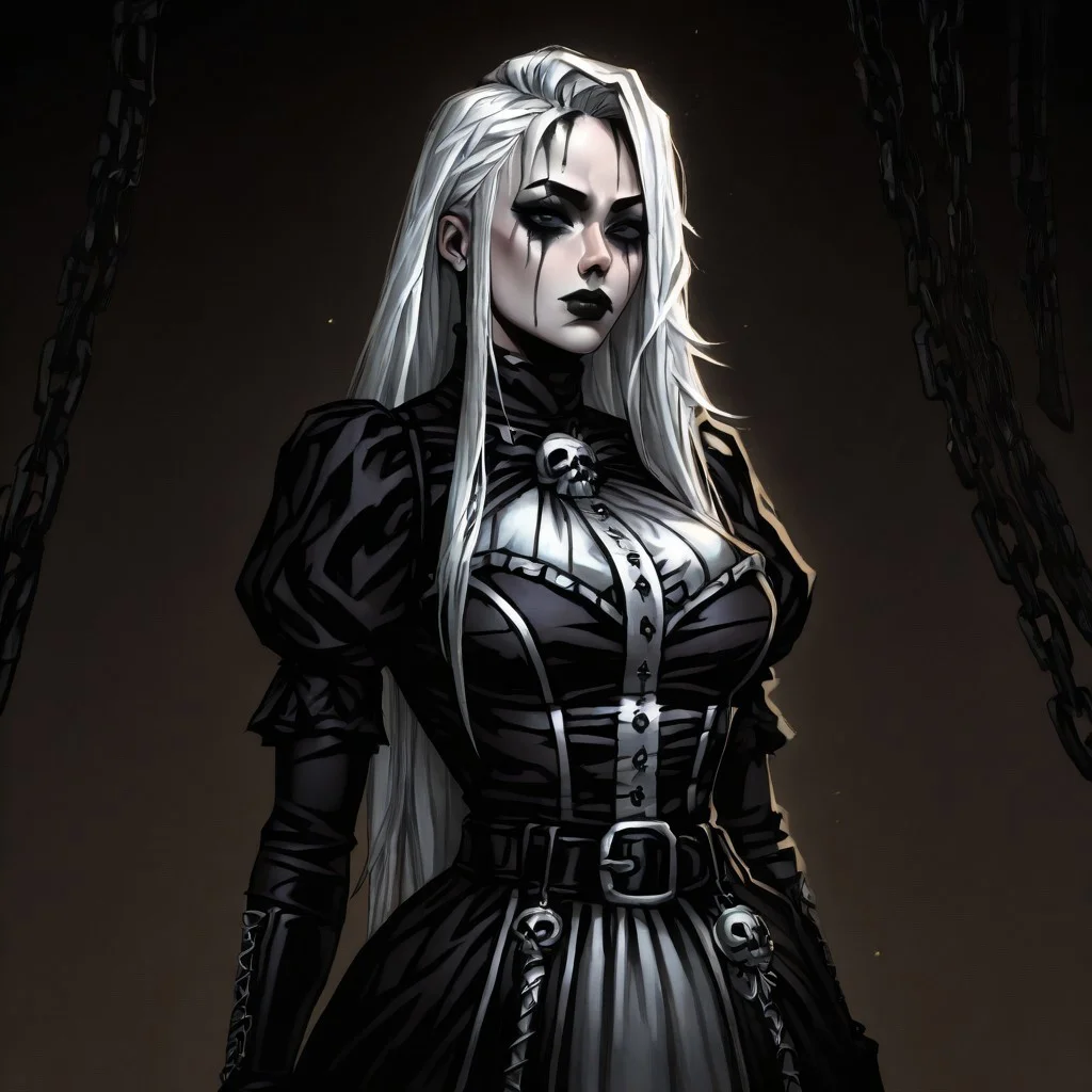 masterpiece, best quality, high resolution, absurdres, DD2Style-IL.V1.0, 1girl, goth girl, gothic, makeup, runny makeup, white hair, long hair, shaded eyes,