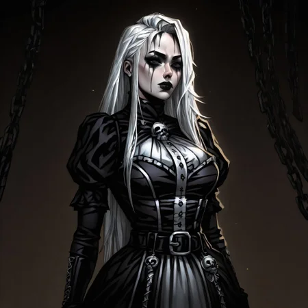 masterpiece, best quality, high resolution, absurdres, DD2Style-IL.V1.0, 1girl, goth girl, gothic, makeup, runny makeup, white hair, long hair, shaded eyes,