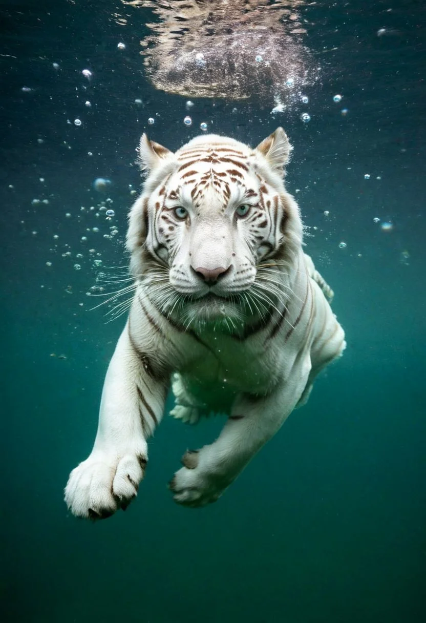 epic wildlife photo of a white tiger diving under water, bubbles, underwater style