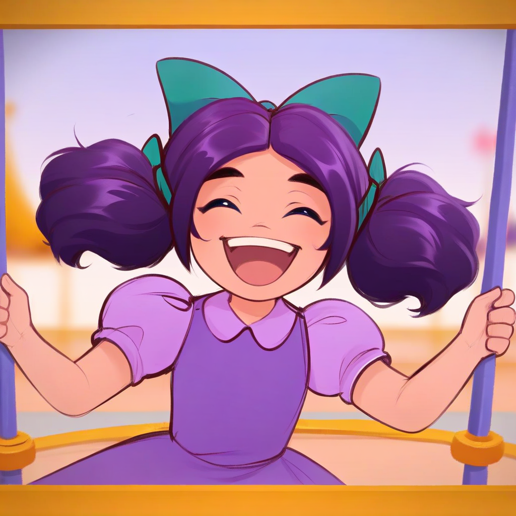 score_9, solo, jas_stardew, purple hair, hairbow, twintails, blue eyes, purple dress, cute, pixelart, playground, laughing, happy