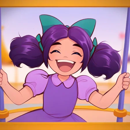 score_9, solo, jas_stardew, purple hair, hairbow, twintails, blue eyes, purple dress, cute, pixelart, playground, laughing, happy