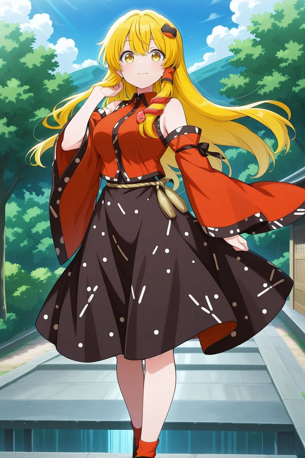 absurdres, highres, masterpiece, best quality, amazing quality, official anime artwork, screencap, anime screencap, light smile, looking at viewer, outdoors, plain,
<lora:Sanae-Kochiya_IllustriousV2:1> kochiya sanae, 1girl, solo, yellow eyes, blonde hair, long hair,, black frog hair ornament, red snake hair ornament, kochiya sanae \(human-deity duality\), alternate costume, alternate hair color, alternate eye color, red shirt, collared shirt, detached sleeves, wide sleeves, black skirt, red socks, black shoes,