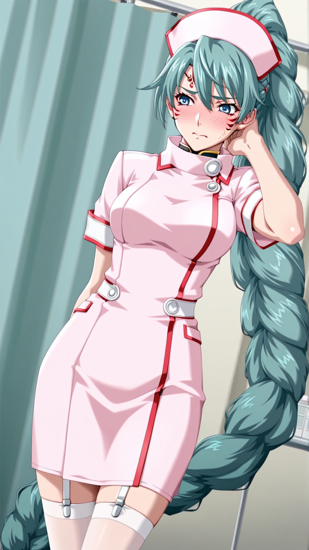 source_anime, general, best quality, masterpiece, 1girl,  <lora:Fu-Lu_Mu-Lu_ill_v1.0:1> fu-lu_mu-lu\(srw\),green hair , blue eyes, facial mark,braid, very long hair, braided ponytail,single braid, nurse,dynamic pose, dutch angle, flustered, embarrassed,