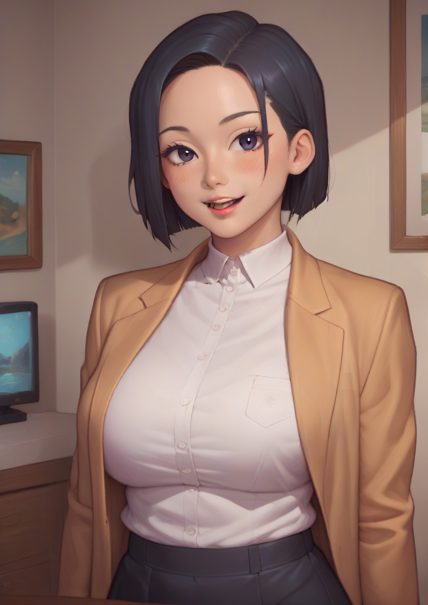 1girl, utsugi yuuki, huge breast, , aquarium, arm behind back, black eyes, black hair, black skirt, blue theme, blush, casual, fish, head tilt, jacket, looking at viewer, open clothes, open jacket, open mouth, shirt, short hair, skirt, smile, solo, standing, upper body, white shirt, yellow jacket, zPDXL3   <lora:gill_artworks:1>