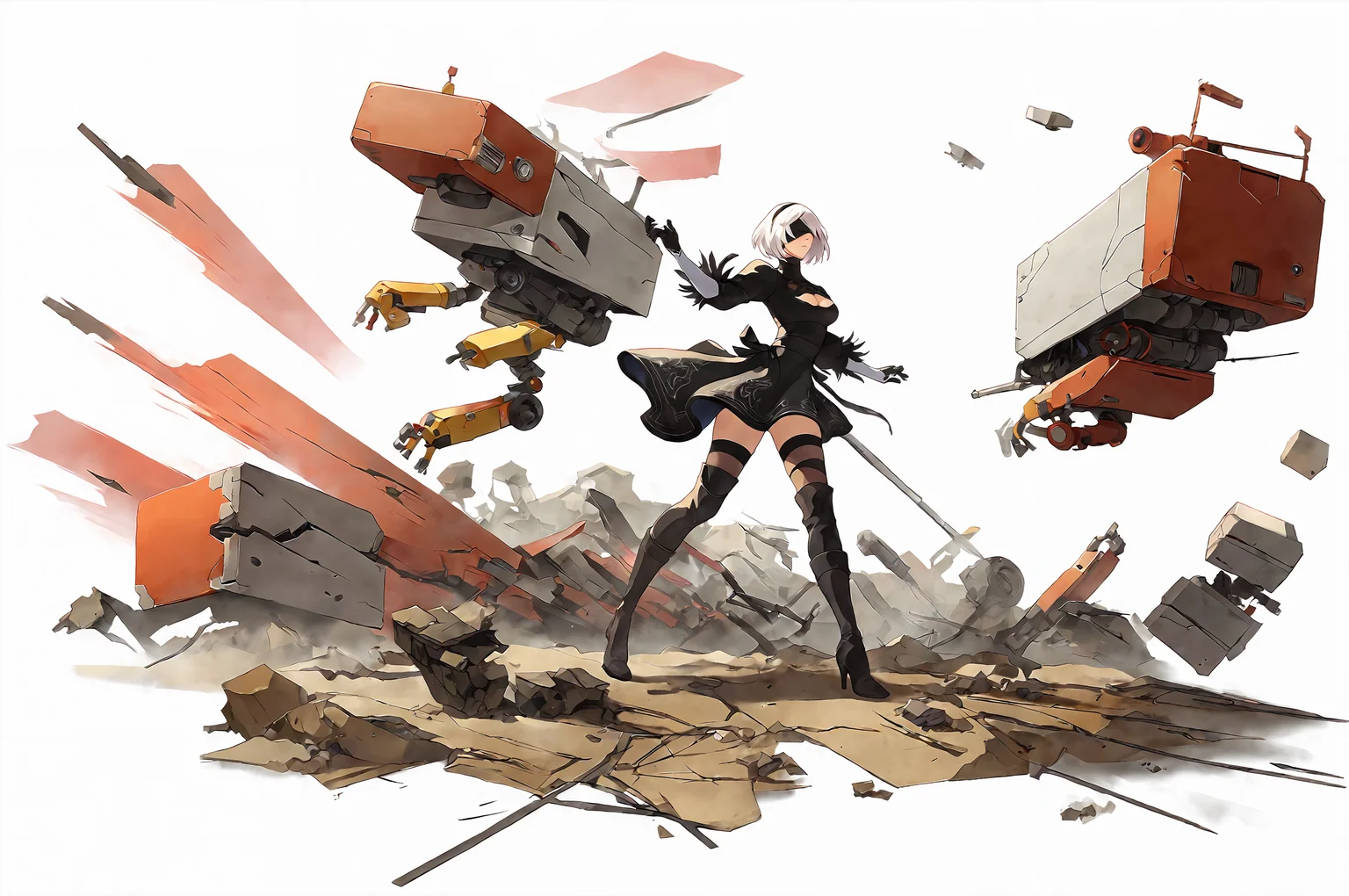 score_9,
<lora:gachasplash_v1_pruned:0.9>, white background, full body,
2b \(nier:automata\), white hair, medium hair,
machinery, weapons,
1girl, rubble, scrap,
high resolution, Masterpiece