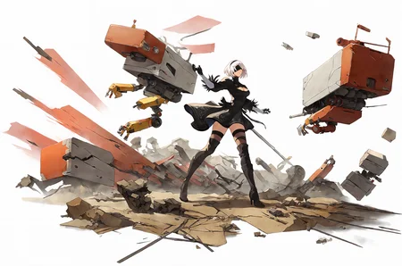 score_9,
<lora:gachasplash_v1_pruned:0.9>, white background, full body,
2b \(nier:automata\), white hair, medium hair,
machinery, weapons,
1girl, rubble, scrap,
high resolution, Masterpiece