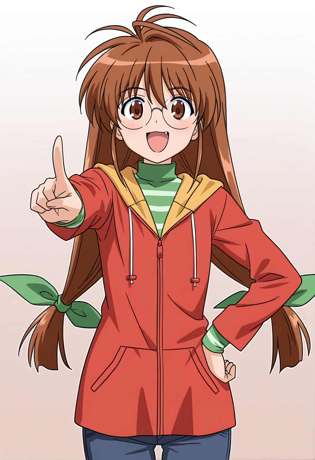 masterpiece, best quality, very aesthetic, absurdres, 1girl, solo,
<lora:inagawa_yuu_v01:0.9>, inagawa_yuu, yuu_casual1, brown hair, low-tied long hair, antenna hair, wintails, brown eyes,
green hair ribbon, rimless eyewear, round eyewear, opaque glasses, red jacket, hoodie, long sleeves, striped shirt, turtleneck, denim, smile, open mouth, fang, hand on own hip