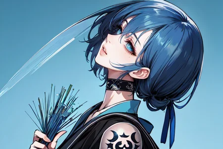 highly insanely detailed, masterpiece, top quality, best quality, highres, 4k, 8k, RAW photo, (very aesthetic, beautiful and aesthetic), ancient japanese punk,
pure blue background,transparent background,
<lora:two_side_up-1.0:0>âââ