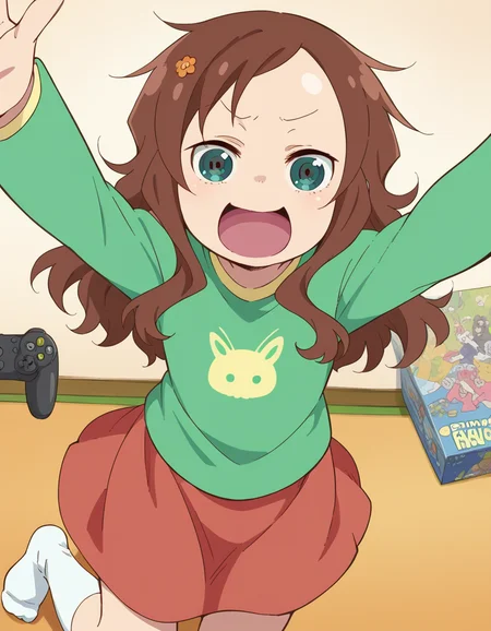 score_9, score_8_up, score_7_up, source_anime, <lora:riko-saikawa-s2-ponyxl-lora-nochekaiser:1>, riko saikawa, long hair, brown hair, green eyes, hair flower, hair ornament, flower,, skirt, shirt, long sleeves, red skirt, white socks, green shirt,, living room, video game, controller, competitive, fun, afternoon, , looking at viewer, on back, arm support, arms up, incoming hug, pov, reaching, reaching towards viewer,, solo,, dutch angle,