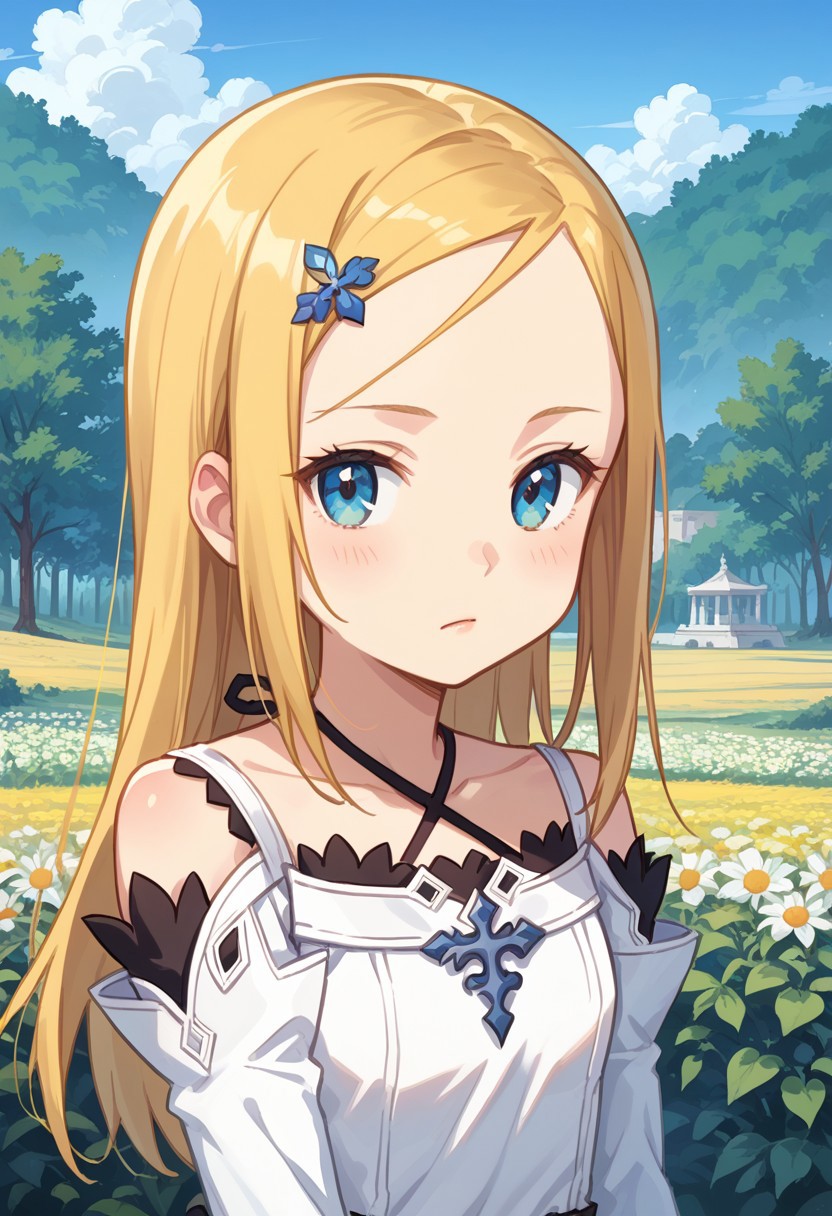 score_8, score_8_up, score_7_up, source_anime, anime screenshot BREAK 1girl, female focus, solo, Murno_SCS, blonde hair, long hair, hair ornament, forehead, halterneck, white dress, detached sleeves, layered sleeves, long sleeves, black skirt, upper body, outdoors, quarry background, ukraine background