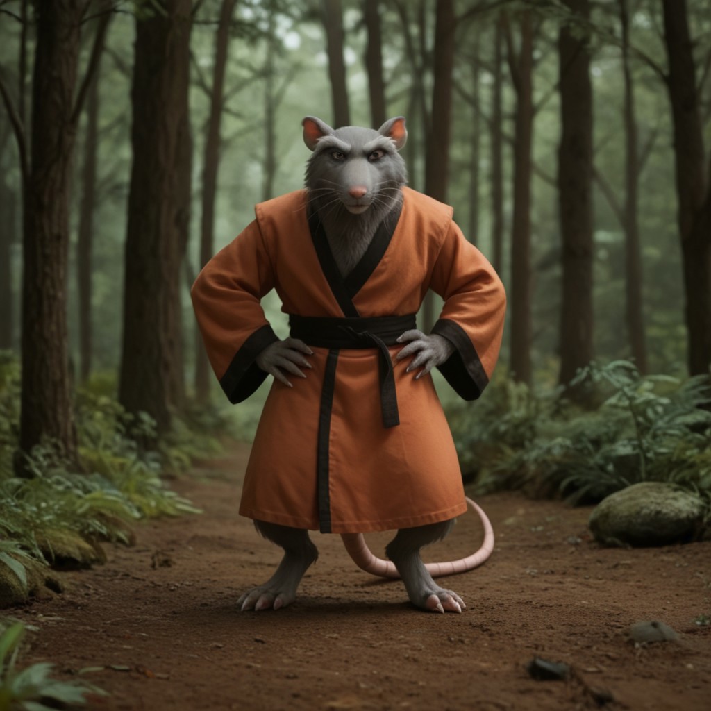 score_9, score_8_up, score_7_up, score_6_up, score_5_up, score_4_up, source_furry, Splinter03v2, semi-anthro, male, rat, grey fur, brown eyes, rat tail, red-orange kimono, standing, in a forest, hands on hips,