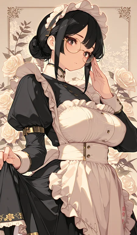 1girl,hairbun,sagging breast,large breasts,black hair,air bangs,bright pupils,skirt_hold,hand on own glasses,looking at viewer,High up,gold trim glasses,round glasses,maid headdress,maid apron,maid,long sleeves,lace trim,Puffy sleeves,Mob cap,Frills,long skirt,white pantyhose,
upper body,floral print background,White Rose,
<lora:LeIsT0_style:0.5>,LeIsT0_illu,<lora:illustrious_very_aesthetic_v1:1>,<lora:USNR_STYLE_ILL_V1_lokr3:0.7>,usnr,<lora:aosiai123_style:0.6>,masterpiece,best quality,very aesthetic,absurdres,