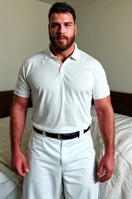beautiful male portrait, musclebearcoffee lying in bed, cinematic lighting, white bedroom, big windows, sunny day, wearing loose white pants, unbuttoned white short sleeve polo shirt