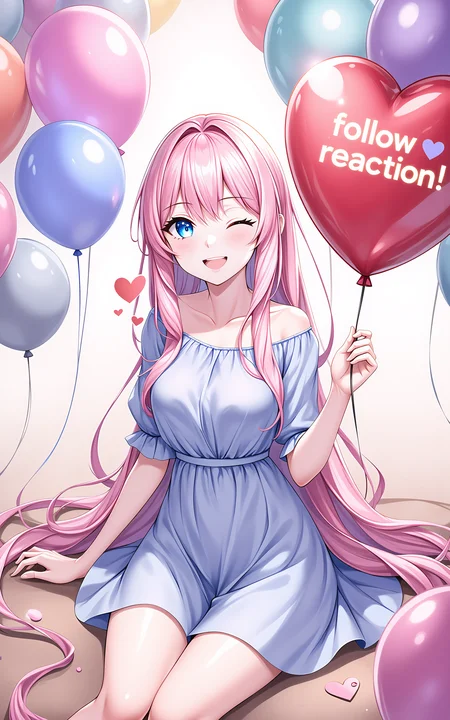 A pink long-haired girl wearing a spring-style long-sleeved blue dress,surrounded by colorful balloons in various shapes and hues,sitting casually,cheerfully extending one hand toward the camera holding a heart-shaped balloon,the balloon has glowing letters âfollow reactionâ written on it,one eye closed in a playful wink,joyful expression,heart-shaped sparkle overlay,dreamy saturated lighting from below,stylized shading,fantasy-inspired color tones.,<lora:hakaseayaka-base-02-flux:0.7>,hakaseayaka,blue eyes,long pink hair,anime-style,