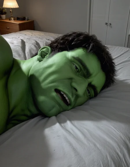 <lora:The_Incredible_Hulk_2003:0.7> hulk lying in bed, male, photorealistic, best quality, best resolution, best details, sharp focus, 4k, masterpiece