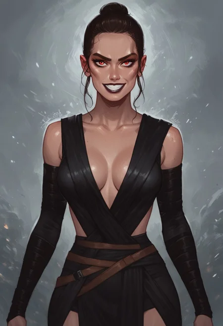score_9, score_8_up, score_7_up, score_6_up, score_5_up, score_4_up, 1girl, pretty girl, 30 years old, Rey,solo, brown hair, brown eyes, sith rey, dark clothes, dark leather clothes, cleavage, evil smile, medium breasts, ((dark clothes)), red eyes, sleeveless, black clothes,