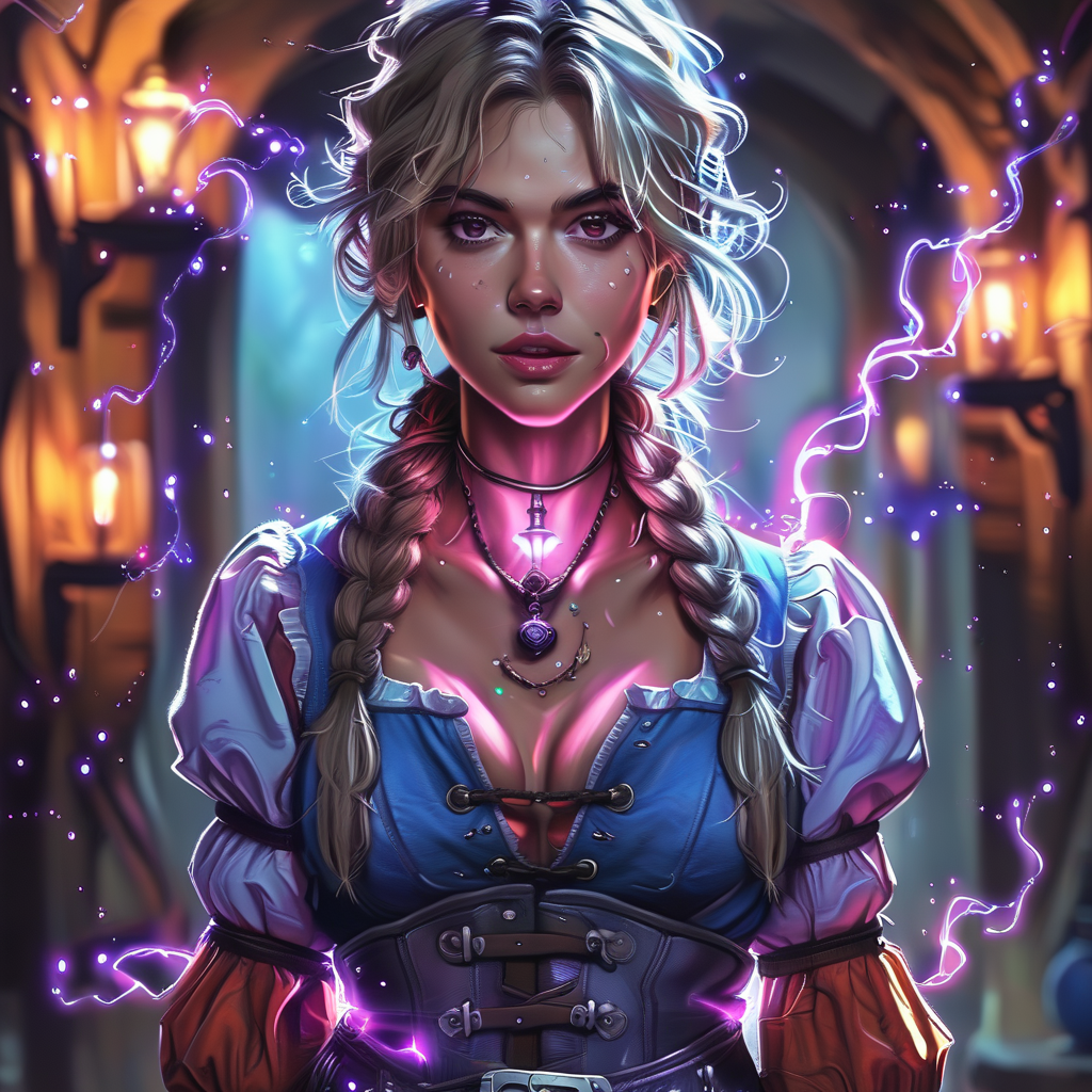 solo, puffy sleeves, electricity, indoors, corset, twin braids, outdoors, from side, breasts, jewelry, cave