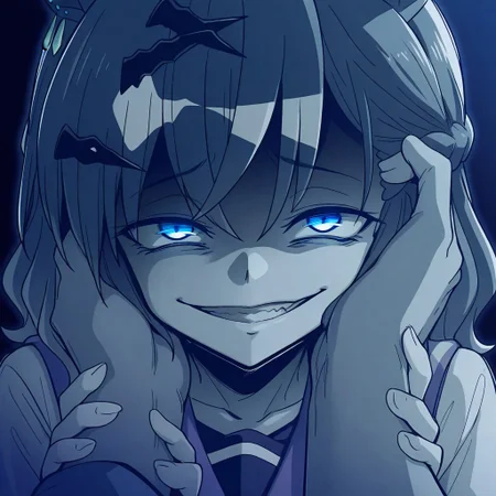 J_Pocket, 1girl, gesugao,evil smile, ebiblue, gesugao,, glowing eyes, colored eyes, shaded face,edgGesugao,sadistic smile,,blue theme, Jungle Pocket , JunglePocket ,horse ears, jungle_pocket_(umamusume), blue color, blue line art, (monochrome,  face focus, greyscale : 0.8) ,anime screenshot, anime screencap, umamusume style(BEGINNING OF A NEW ERA) style, simple background, hand grab another head