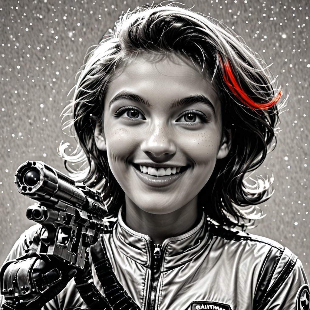 Realistic, cinematic shot, selective color, monochrome background, 4k, Gadget fighting aliens, 18yo, blaster, alien planet, Gadget, smile, perfect face, easynegative, ALRGFC, alluring face, Stable_Yogis_PDXL_Positives